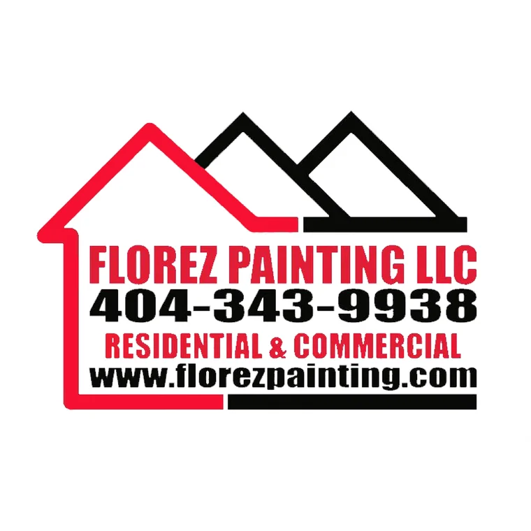 This is an image from Florez Painting LLC, located in Georgia. The logo for Florez Painting LLC features a bold red house outline with two black mountain-shaped rooflines behind it, paired with red and black text displaying the company name, phone number, and website.