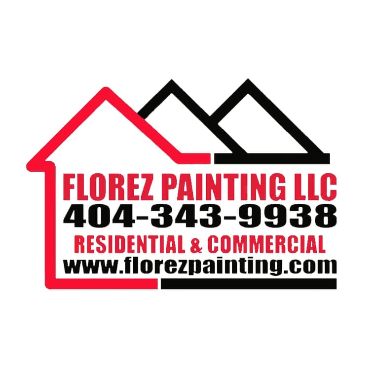 This is an image from Florez Painting LLC, located in Georgia. The logo for Florez Painting LLC features a bold red house outline with two black mountain-shaped rooflines behind it, paired with red and black text displaying the company name, phone number, and website.