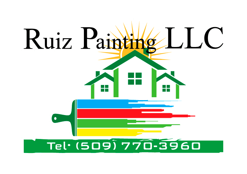 This is an image from Ruiz Painting LLC, located in Washington. The logo for Ruiz Painting LLC features black company text above a green house graphic, a yellow sunburst, a multicolor paintbrush, and a green phone number banner.