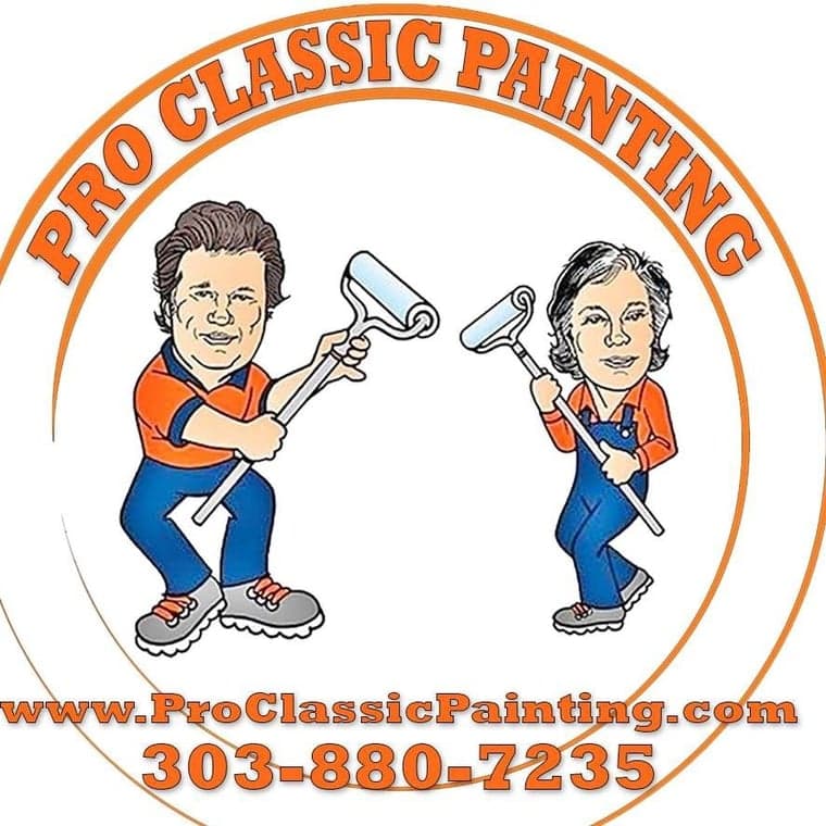 This is an image from Pro Classic Painting company, located in Aurora, CO The image is a Pro Classic Painting logo featuring cartoon painters with rollers, company name, website ProClassicPainting.com, and phone number 303-880-7235