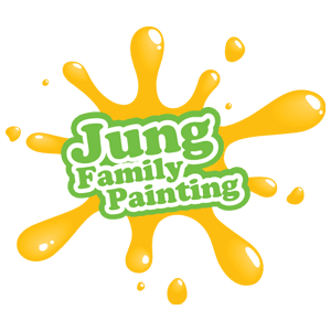 This is an image from Jung Family Painting, located in Illinois. The logo for Jung Family Painting features white and green text over a green leaf-style shape on a bright yellow paint-splatter background.