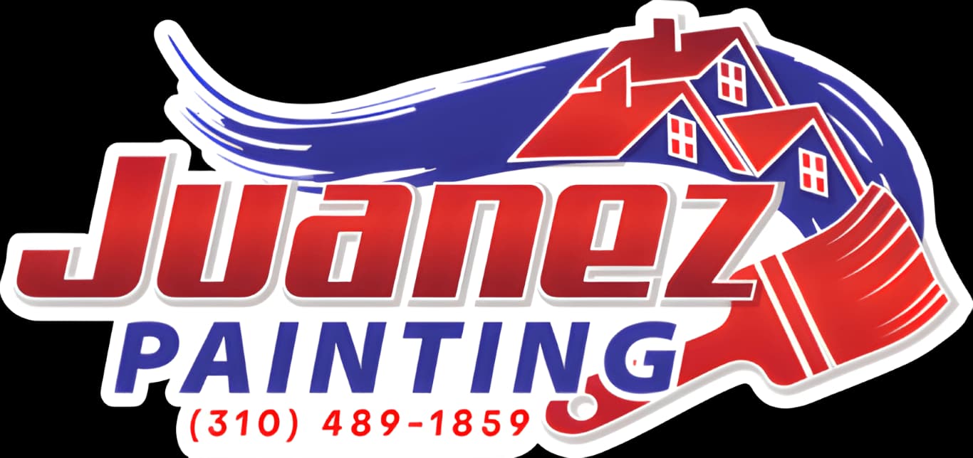 This is an image from Juanez Painting, located in California. The logo for Juanez Painting features bold red and blue lettering with a house graphic and a red paintbrush icon representing professional residential painting services.
