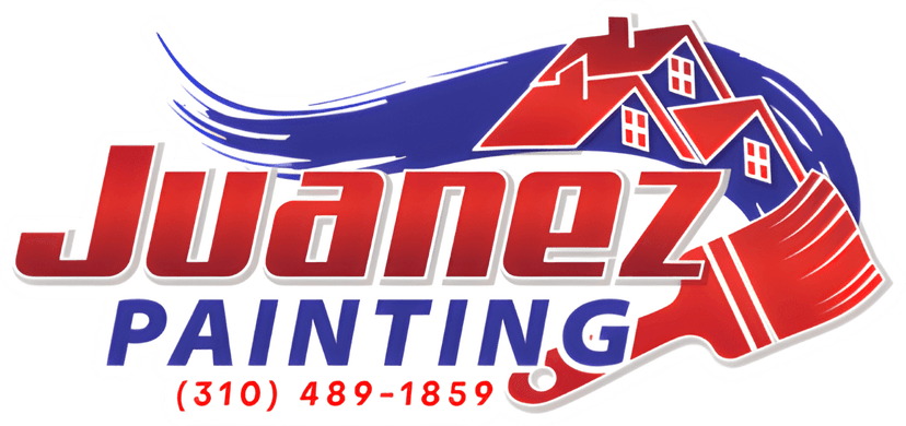 This is an image from Juanez Painting, located in California. The logo for Juanez Painting features bold red and blue lettering with a house graphic and a red paintbrush icon representing professional residential painting services.
