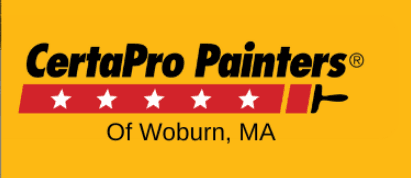 This is the logo of CertaPro Painters of Woburn, MA. It features the company name in bold black text above a red bar with five white stars and a black paintbrush graphic, set against a gold background.