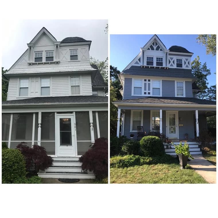 This is an image from JNG Painting LLC. It shows a before-and-after comparison of a large multi-story house, repainted from light gray to a fresh gray-blue with white trim.