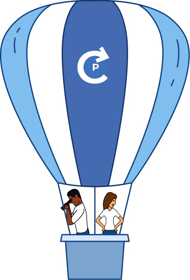 Illustration of two people in a hot air balloon with a circular P logo, symbolizing exploration and finding local painting professionals