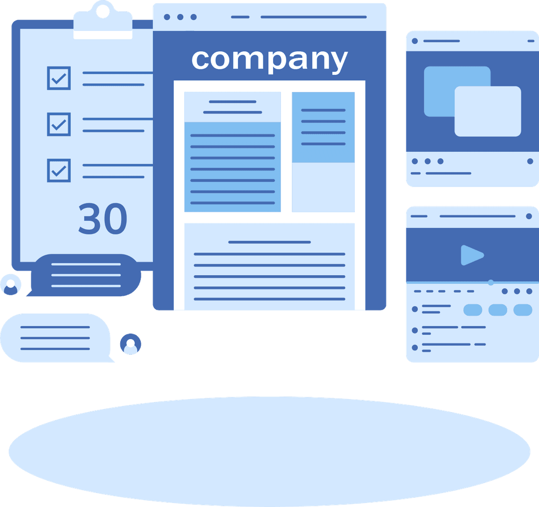Illustration of business credibility and operations dashboard with website, checklist, calendar, video content, and customer messages