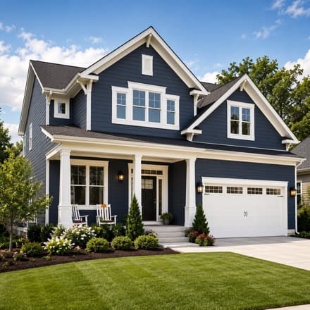 Completed navy house exterior with white trim