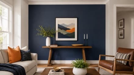 Finished living room with navy accent wall