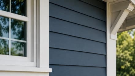 Close-up of freshly painted navy siding and white trim